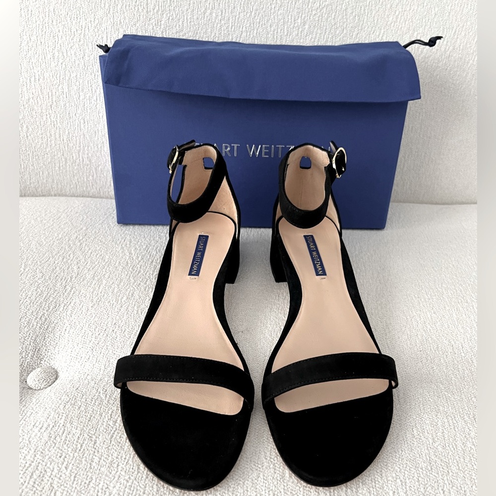 Stuart Weitzman black suede sandals. Never worn. New with box and dust bag.